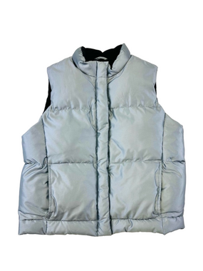 Y2K womens down puffer vest Medium grey fleece lined zip front high neck outdoor